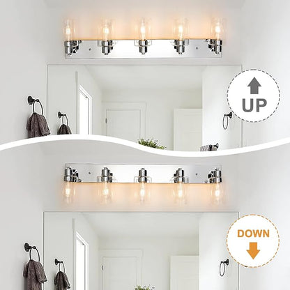5 Lights Bathroom Light Fixtures Chrome Vanity Light with Clear Glass Shade 36in Modern Bathroom Lighting Fixtures Over Mirror for Bedroom/Living Room