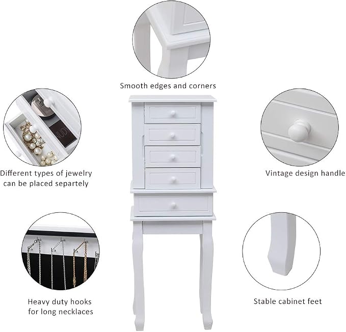 Standing Jewelry Armoire with Mirror, 5 Drawers & 14 Necklace Hooks, Jewelry Cabinet Chest with Removable Ring Storage Slot and Top Storage Organizer, 2 Side Swing Doors
