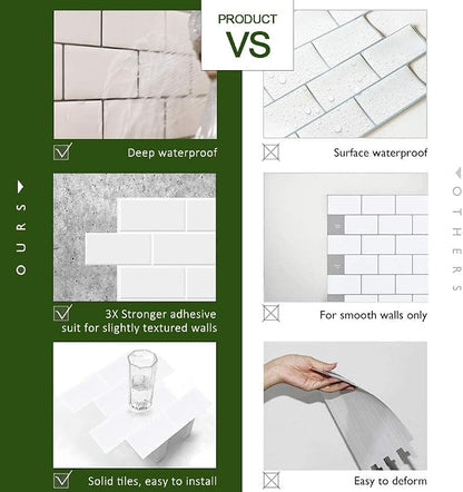 STICKGOO 10-Sheet Backsplash Peel and Stick Subway Tile, Self Adhesive Vinyl Wall Tiles, Stick on Backsplash for Kitchen and Bathroom(Thicker Design, White with White Grout)