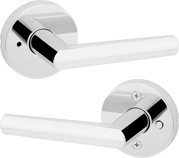 Kwikset Milan Interior Privacy Door Handle with Lock, Door Lever For Bathroom and Bedroom, Polished Chrome Reversible Keyless Push Button Lock Door Lever