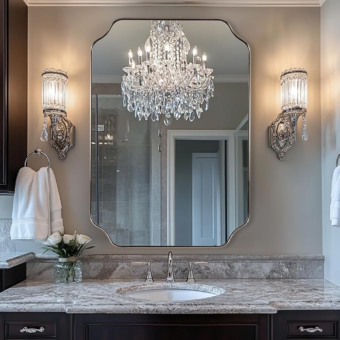 Scalloped Bathroom Mirror, 24x32’’ Brushed Nickel Rectangle Mirror for Bathroom, Silver Bathroom Vanity Mirror, Unique Scalloped Edge Design, Rust-Proof Stainless Steel Frame