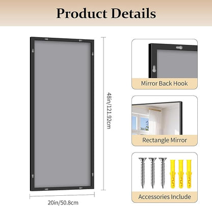 Black Bathroom Mirror for Wall, 20x48 Inch Rectangle Mirror with Metal Frame, Modern Vanity Mirrors for Bathroom Living Room, Entryway Hangs Horizontal or Vertical