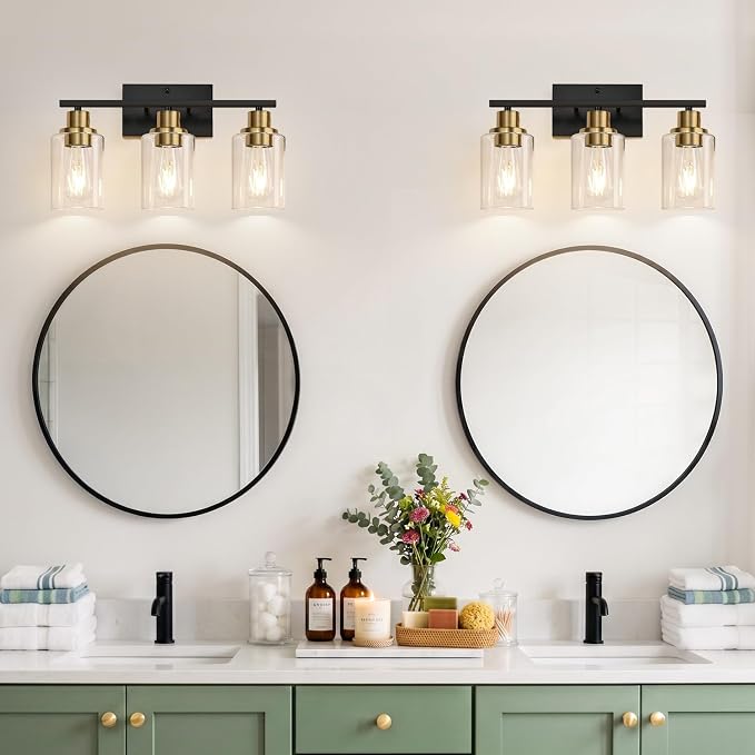 Indoi 3-Light Bathroom Light Fixtures, Black and Gold Modern Vanity Lights with Clear Glass Shades, Bathroom Wall Lamp for Mirror Living Room Cabinet Bedroom Porch