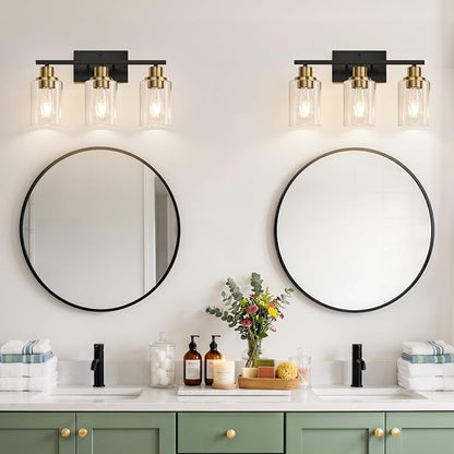 Indoi 3-Light Bathroom Light Fixtures, Black and Gold Modern Vanity Lights with Clear Glass Shades, Bathroom Wall Lamp for Mirror Living Room Cabinet Bedroom Porch