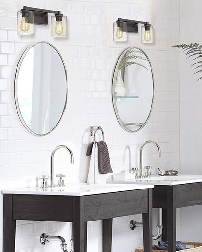 Beionxii 16In Farmhouse Bathroom Light Fixtures,Rustic Vanity Light Fixture | 2-Light Bathroom Vanity Light Fixture, Seeded Glass Shade, Oil Rubbed Bronze Over Mirror for Bathroom Living Room, BXMB9002-2