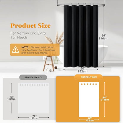 BTTN Stall Fabric Shower Curtain - 60x84 Inch Long Linen Textured Heavy Duty Shower Cloth Curtain Set with 10 Plastic Hooks, Narrow Decorative Neutral Waterproof Shower Curtains for Bathroom, Black