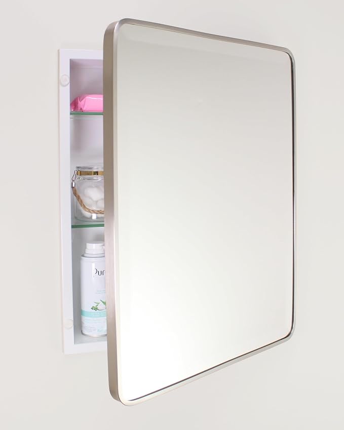 16x20 Austin Farmhouse Metal Framed Rounded Rectangle Recessed Bathroom Medicine Cabinet, Beveled Mirror, 14x18 in-Wall Opening, powder-coated Steel, Glass Shelves, Magnet Close, Brushed Nickel