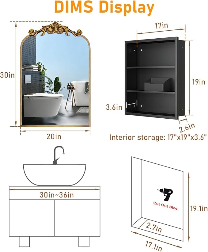 20"x30" Vintage Bathroom Medicine Cabinet with Mirror, Retro Hand-Painted Flower Art Decor, Arched Aluminum Frame Medicine Cabinets Recessed / Wall Mounted, 2 Stable & Removable Shelves, 1 Organizer
