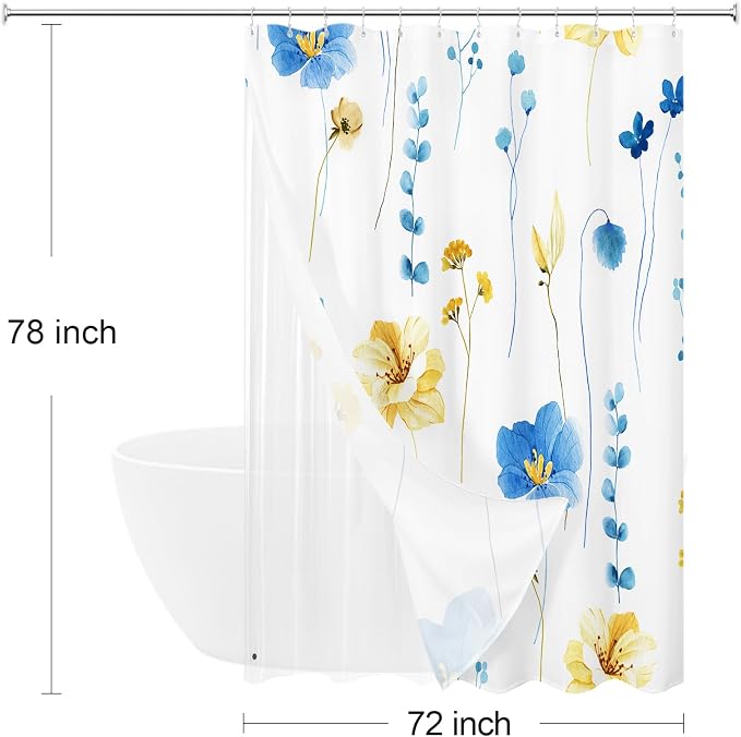 Long 3 in 1 Shower Curtain Set, 72x78 | Long 3 in 1 Shower Curtain Set, PEVA Liner Set & 12 Double Sided Steel Hooks, Waterproof Fabric Bathroom Curtain