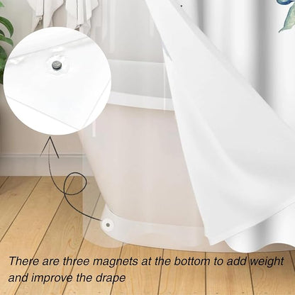 3 in 1 Shower Curtain Set, Watercolor Eucalyptus, Blue | Polyester Bath Curtain with Magnetic PEVA Liner and 12 Double Sided Stainless Steel Hooks 72x72 Inches