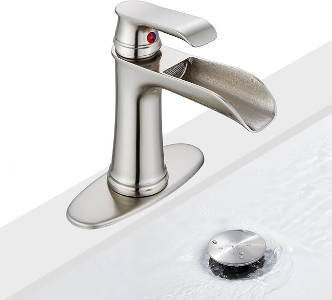 Brushed Nickel Bathroom Sink Faucet, Sanliv Single Handle Centerset Bathroom Faucet with Pop-Up Drain & Deck Plate for 1 or 3-Hole (4 inch), Brushed Nickel Waterfall Vanity Faucet