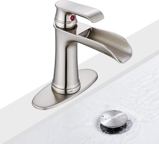 Brushed Nickel Bathroom Sink Faucet, Sanliv Single Handle Centerset Bathroom Faucet with Pop-Up Drain & Deck Plate for 1 or 3-Hole (4 inch), Brushed Nickel Waterfall Vanity Faucet