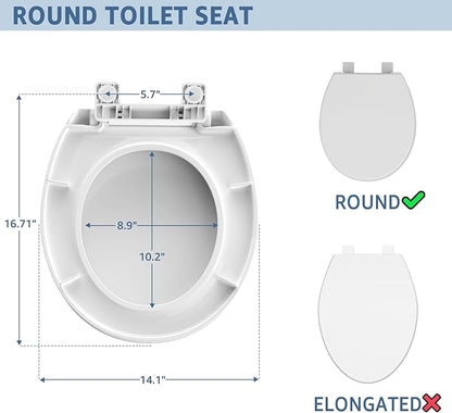Round Toilet Seat Soft Close 16.5'',Standard Universal Toilet Lid Round with PP Material Safe,Easy to Clean and Install,Ergonomic design,Never Loosens,2 Years Support,White Plastic