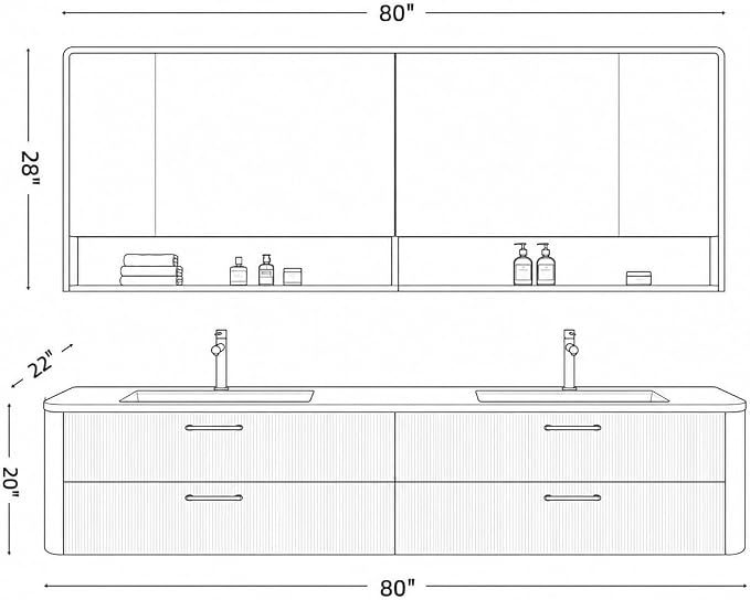 80 in Double Bathroom Vanity with Sinks - Modern Floating Bathroom Vanity with Solid Wood Cabinet, Anti-Fog Mirror and Integrated Stone Sinks | Wall Mounted Design | Ample Storage