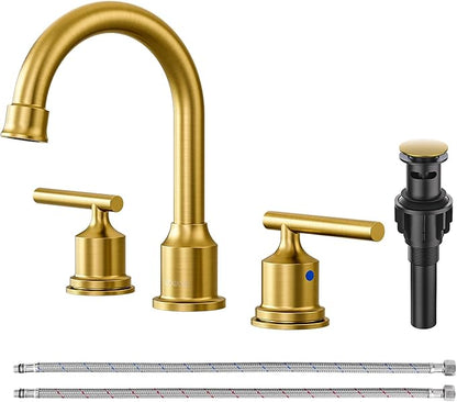 WOWOW Gold Bathroom Faucet 3 Hole Bathroom Sink Faucet Widespread Vanity Faucet 2 Handle Brass Basin Faucet with Pop Up Drain 8 Inch Mixer Tap Antique