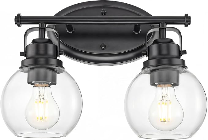 Black Bathroom Light Fixtures, 2-Light 14" Vanity Lights with Clear Globe Glass Shades, Farmhouse Vintage Vanity Lighting Fixtures Over Mirror, E26 Base, AD-2147-2W-BK