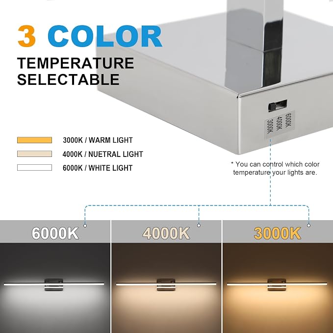 LED Bathroom Vanity Light, Modern Bathroom Light Fixture Over Mirror (3000K/4000K/6000K, Dimmable), Vanity Light Bar with Angle Adjustable, 40 Inch, Chrome