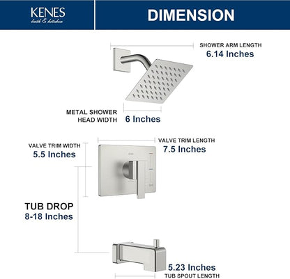 KENES Shower Set with Tub Faucet, Brushed Nickel Tub and Shower Trim Kit | Shower Faucet with 6-Inch Rain Shower Head, Square Shower System, Valve Included, Lead-Free cUPC & NSF Certified, Stainless