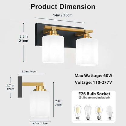 Black and Gold Bathroom Light Fixture, Modern 2 Light Vanity Lights for Bathroom Lighting Fixtures Over Mirror, White Glass Lampshade, Master & Guest bathrooms Bathroom Remodel, 14-inch