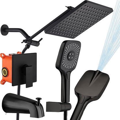Shower Faucet Set with Tub Spout Matte Black 10 Inch Rainfall Shower with 4 Setting Spray Mixer Shower System Modern Luxury Wall Mounted Tub Shower Faucet Set Rough-in Valve Body (Matte Black)