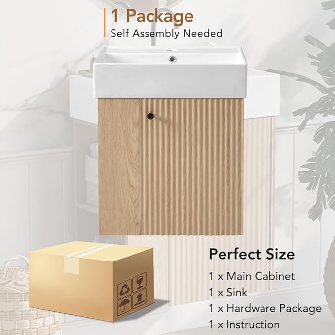 22" Small Bathroom Vanity with Sink, Floating Vanity for Bathrooms with Soft-Close Door and Open Shelf, Wall Mounted Narrow Bathroom Vanities for Compact Bathrooms (Wood,22" Floating Left Shelf)