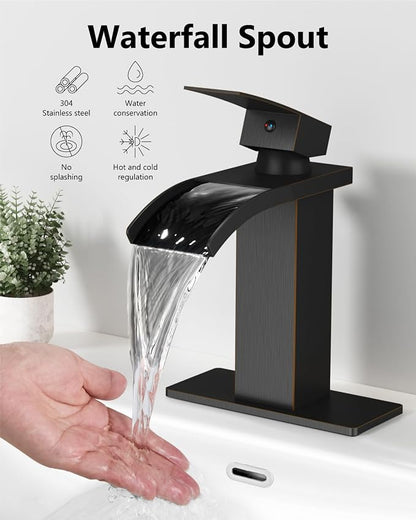Oil Rubbed Bronze Waterfall Bathroom Faucet 1-Handle Vanity Faucet | Stainless Steel Modern Bathroom Sink Faucet,Pop-Up Drain, Supply Lines 6-in Deck Plate, 1- or 3-Hole, NSF Certified