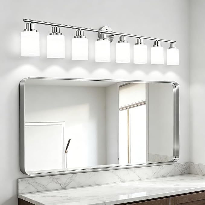 8-Light Vanity Lights, Brushed Nickel Bathroom Light Fixture with Striped Textured Milky White Glass Shade, E26 Modern Vanity Lighting Fixture for Bathroom Wall Sconce Light Over Mirror