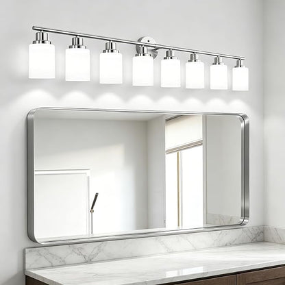 8-Light Vanity Lights, Brushed Nickel Bathroom Light Fixture with Striped Textured Milky White Glass Shade, E26 Modern Vanity Lighting Fixture for Bathroom Wall Sconce Light Over Mirror
