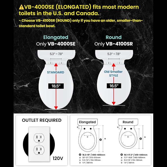 VOVO VB-4000SE Elongated Bidet Toilet Seat, Warm Water, LED Light, Heated Seat, White, Deodorizer, Dryer, Stainless Steel Nozzle, Made in Korea