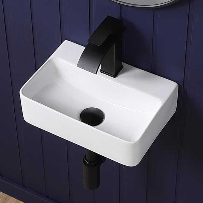 Small Wall Mount Bathroom Vessel Sink 14"x10" Rectangular Floating White Porcelain Ceramic Wall Hung Vanity Basin Sink for Tiny Home,RV,Bathroom