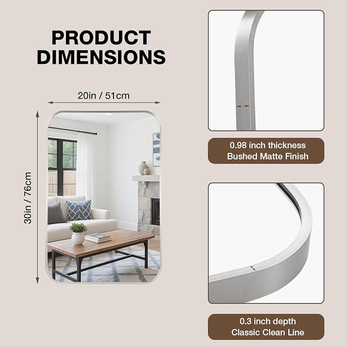 20"x30" Bathroom Mirror for Over Sink, Brushed Nickel Vanity Mirror | Aluminum Alloy Frame, Clear Reflection, Rust-Resistant, Vertical or Horizontal, Wall Mount, Bedroom and Entryway