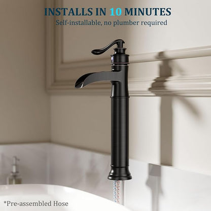 Bathroom Vessel Sink Faucet Waterfall Single Handle Single Hole | Oil Rubbed Bronze,Brass,Pop Up Drain without Overflow,Supply Line,Easy to Clean,Easy Installation,Rust Resistant,Minimalist