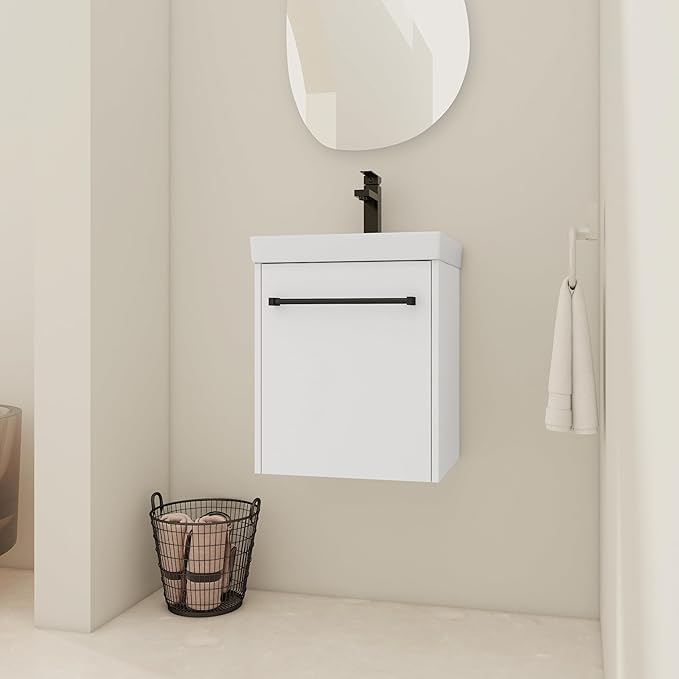 KEIKI 18'' Bathroom Vanity Cabinet with Sink, Wall Mounted Floating Bathroom Vanity with Soft-Close Cabinet Door, for Small Bathroom, Glossy White