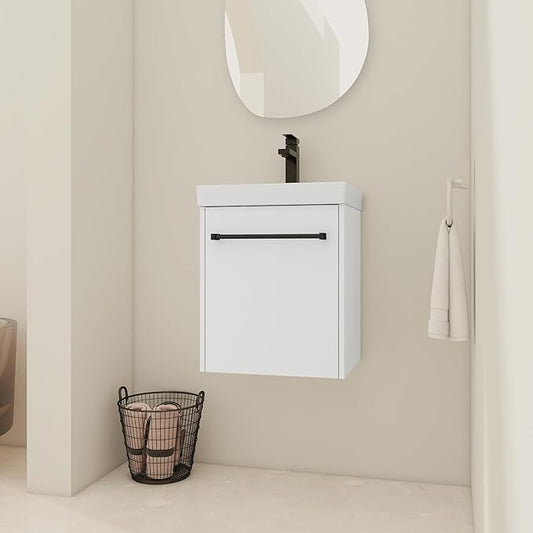 KEIKI 18'' Bathroom Vanity Cabinet with Sink, Wall Mounted Floating Bathroom Vanity with Soft-Close Cabinet Door, for Small Bathroom, Glossy White