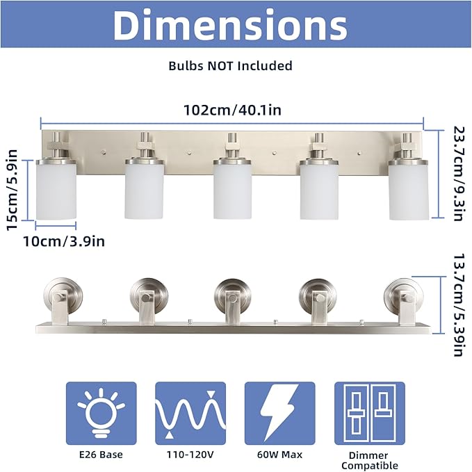 LOUSACE Bathroom Lighting Fixtures Over Mirror Brushed Nickel 5 Light Bathroom Vanity Lights with Opal White Glass Shades, Modern Vanity Wall Sconces Fixture for Bedroom Living Room