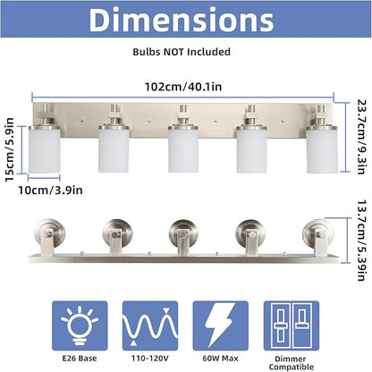 LOUSACE Bathroom Lighting Fixtures Over Mirror Brushed Nickel 5 Light Bathroom Vanity Lights with Opal White Glass Shades, Modern Vanity Wall Sconces Fixture for Bedroom Living Room
