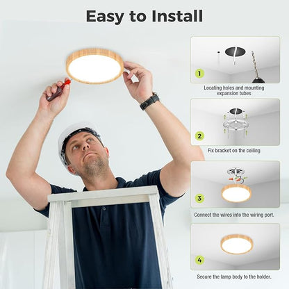 hepside 1Pack LED Flush Mount Ceiling Light Fixture, 7Inch 15W, Dimmable&3000K/3500K/4000K/5000K/6500K Adjustable Low Profile Ceiling Lights, Round Flat Ceiling Light for Closet,Kitchen,Hallway-Wood