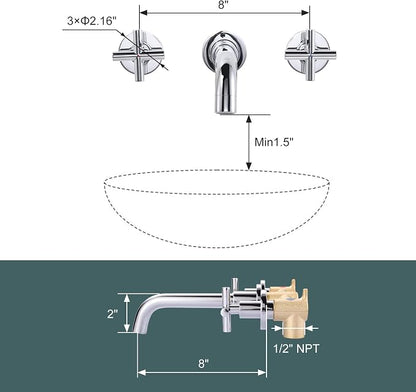 ARCORA Wall Mount Bathroom Faucet, Chrome Bathroom Sink Faucet, 2 Handle Wall Mount Vessel Sink Faucet Rough in Brass Valve Included