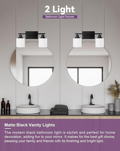 Sailstar Modern Bathroom Lights - 2-Light Vanity Fixtures with Milky White Glass Shades, Anti-Rust Matte Black Finish, E26 Base