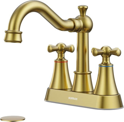 4-inch Centerset Brushed Gold Classical Bathroom Faucet, 2 Handles for 2 or 3 Hole Sink with 360° Swivel Spout, Pop Up Drain Assembly and Supply Hose for Vanity Sink Lavatory Faucet