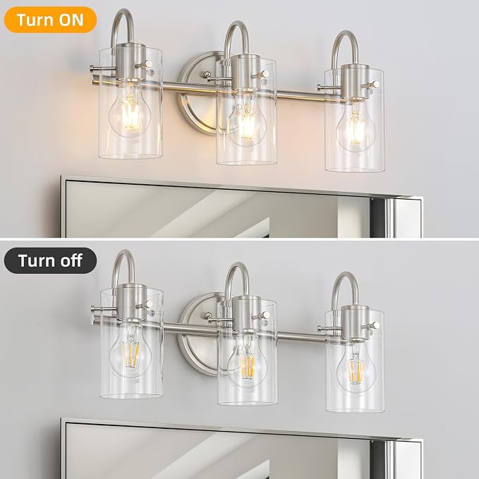 3 Lights Vanity Light Fixture, Brushed Nickel Bathroom Wall Sconce | Modern Wall Light with Clear Glass Shade Farmhouse Wall Mount Porch Wall Lamp for Mirror, Kitchen, Living Room, Workshop