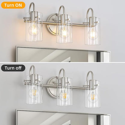 3 Lights Vanity Light Fixture, Brushed Nickel Bathroom Wall Sconce | Modern Wall Light with Clear Glass Shade Farmhouse Wall Mount Porch Wall Lamp for Mirror, Kitchen, Living Room, Workshop