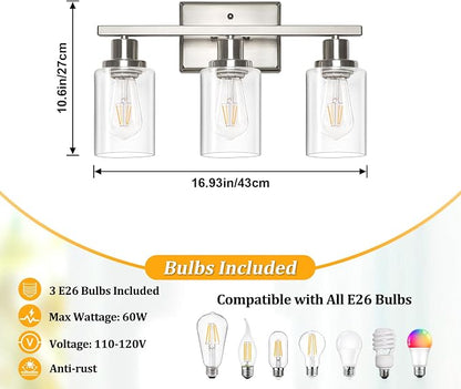 Ascher Bathroom Light Fixtures, 3 Light Vanity Light with LED Bulbs Included, Brushed Nickel Wall Sconces with Clear Glass Shades for Mirror, Kitchen, Living Room, Hallway, Cabinet