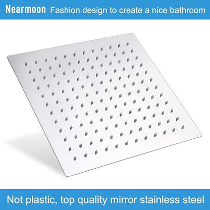 NearMoon Square Rain Shower Head With Extension Arm, Large Stainless Steel Rainfall Shower-Waterfall Full Body Coverage (12 Inch, Chrome)