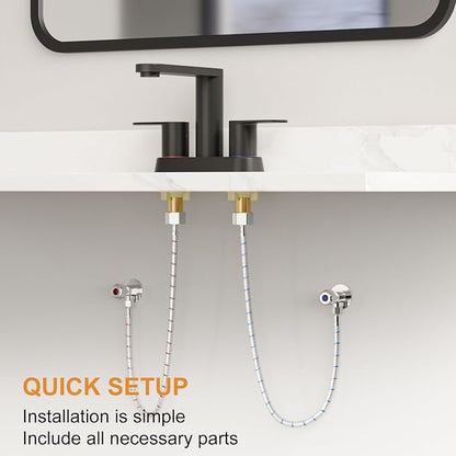 BWE Matte Black Bathroom Faucets 4 Inch Centerset Faucet for Bathroom Sink | 2 or 3 Hole Basin 2-Handle 360° Swivel Spout Bathroom Sink Faucet with Pop up Drain Water Supply Hose for Farmhouse Vanity RV