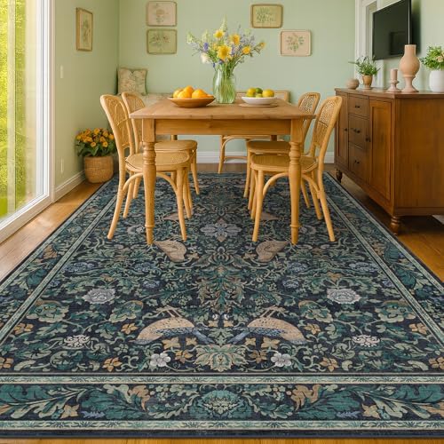 Moody Floral 6x9 Boho Living Room Rug - Washable Forest Bird Non-Slip & Low Pile Soft Carpet, Navy Blue & Deep Teal Area Rug for Dining Room Under Table, Bedroom