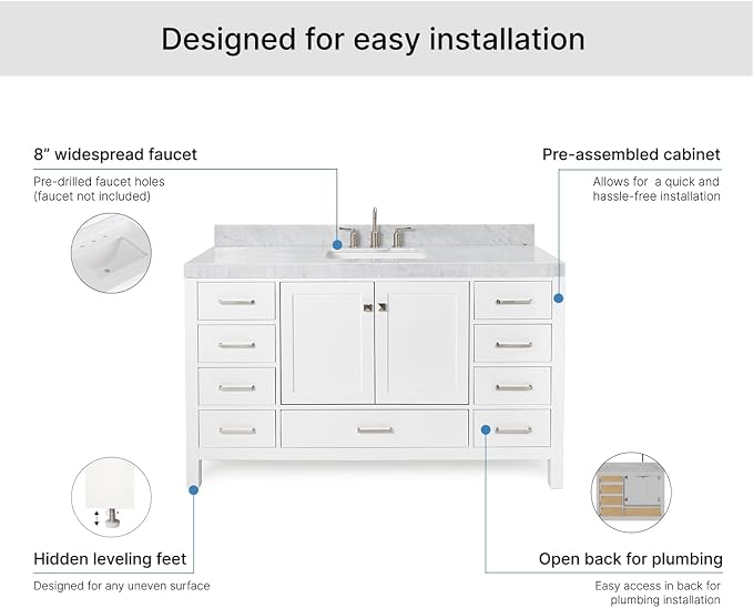 ARIEL Cambridge 60-inch Bathroom Vanity with Sink,Solid Wood, 2-inch Italian Carrara Marble Countertop, Single Rectangular Porcelain Sink, 2 Soft Closing Doors, 9 Dovetail Drawers, White