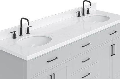 ARIEL Hepburn 72-inch Bathroom Vanity with Sink,Solid Wood, 1.5-inch Carrara White Quartz Countertop & Backsplash, Double Oval Porcelain Sink, 4 Soft Closing Doors, 6 Dovetail Drawers, Grey
