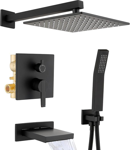 Shower System with Tub Spout, All Metal Black Bathtub Shower Faucet Set with High Pressure 10 Inch Rain Shower Head and Handheld Shower Head Set, Matte Black (Valve Include）