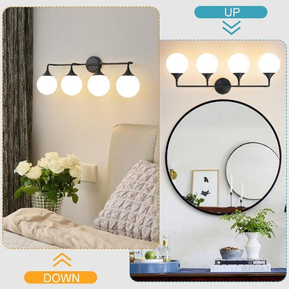 Black Bathroom Light Fixtures Over Mirror Vanity 4-Light | Mid Century Modern Matte Black Wall Sconce with Milky White Glass Ball Shades for for Bathroom Dressing Table Bedroom